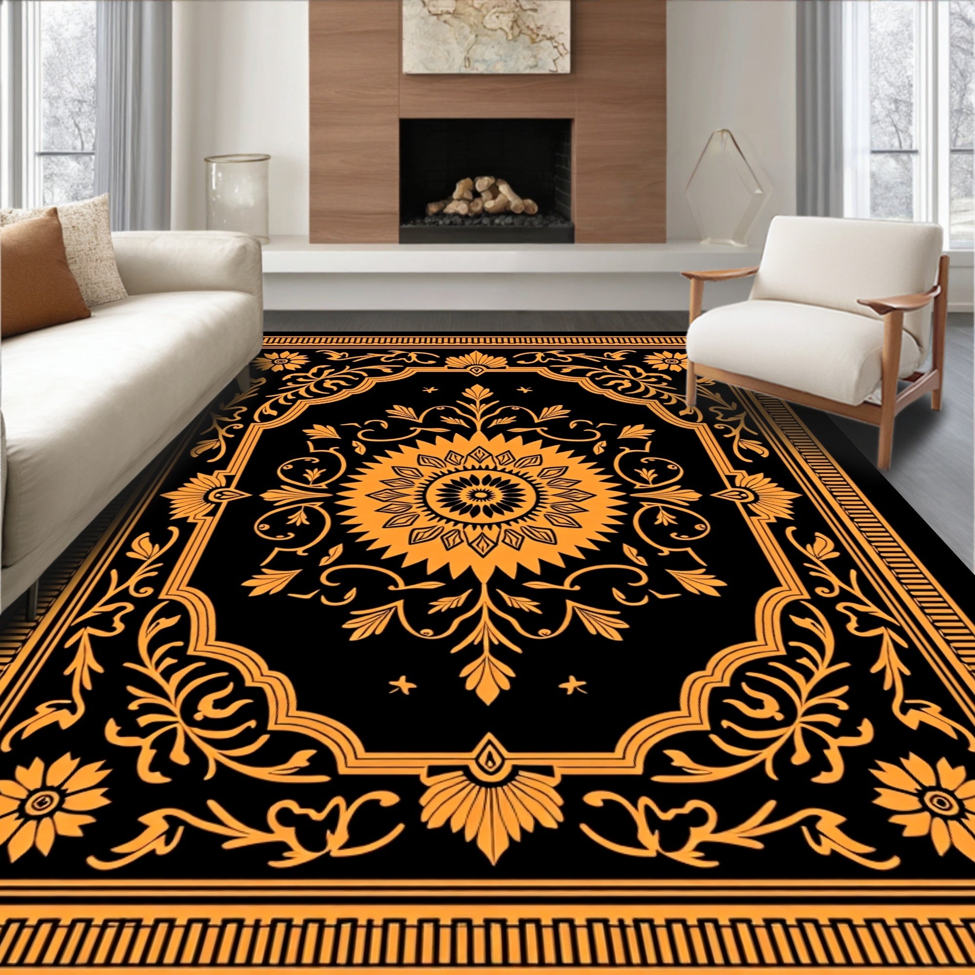 Ornate Orange Floral Medallion Black Rug