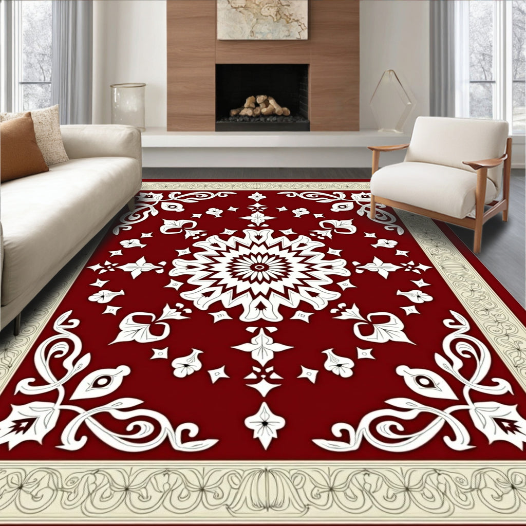 Crimson White Floral Border Medallion Rug