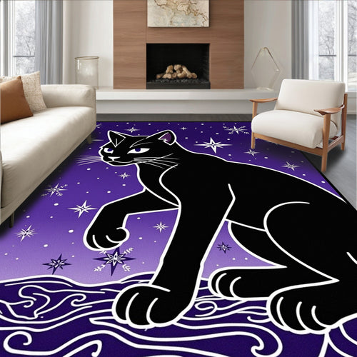Black Cat Among Stars and Snowflakes Rug