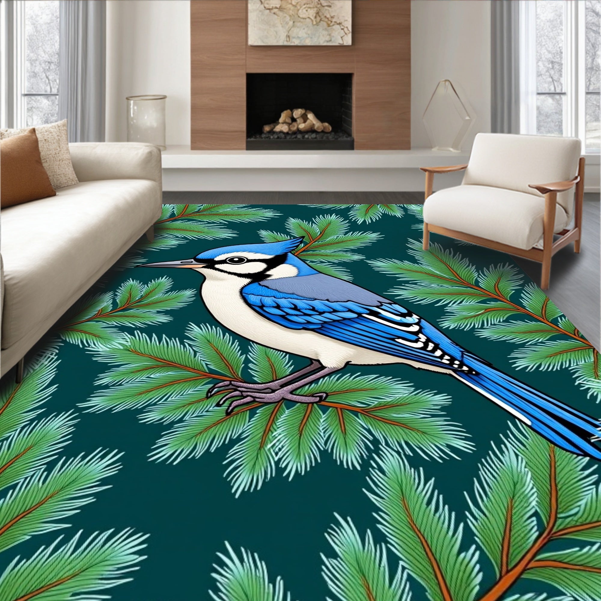 Blue Jay Amongst Evergreen Branches Rug
