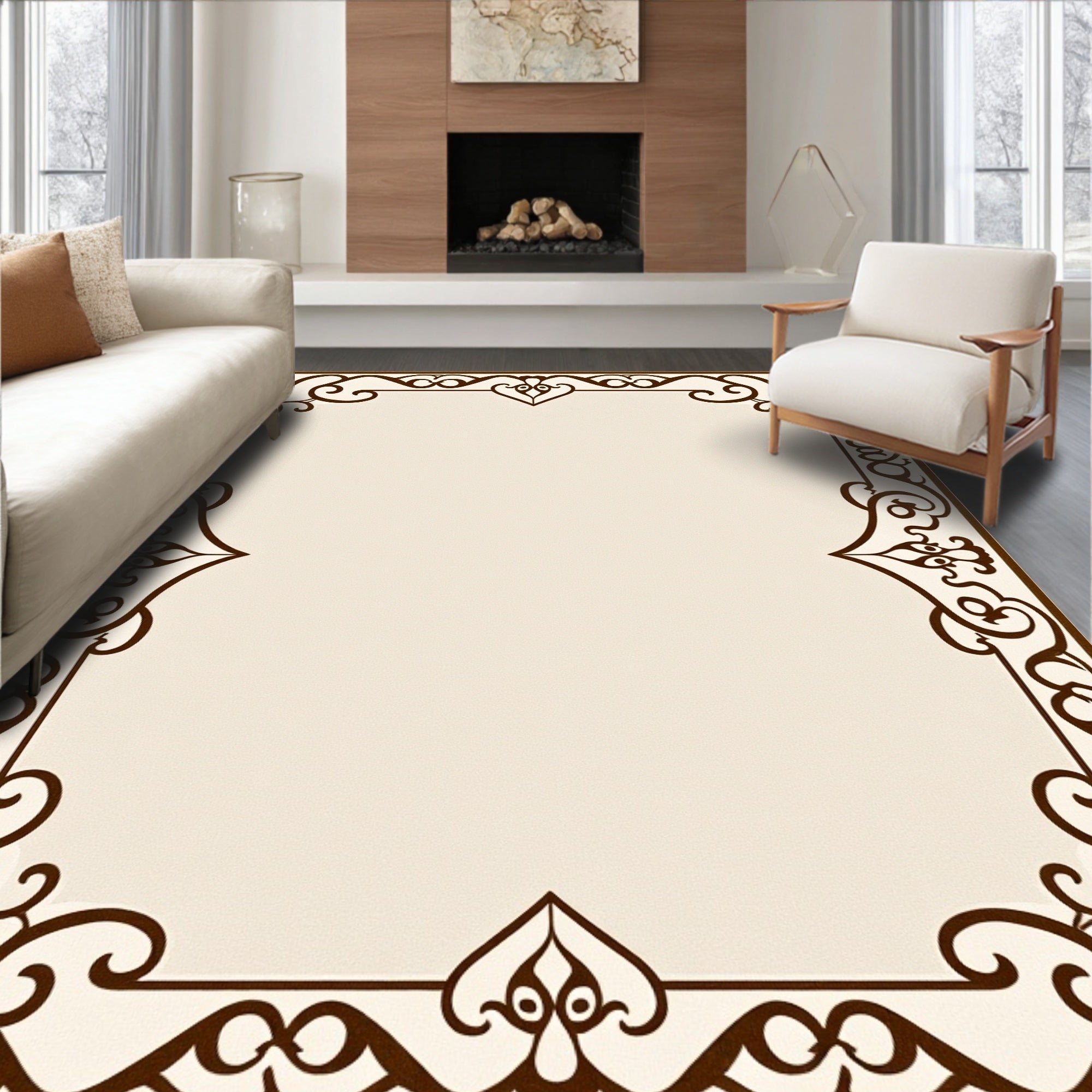 Ornate Cream Brown Scrollwork Border Rug
