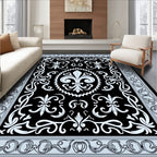 Black Fleur de Lis Scroll Border Rug