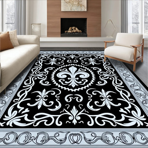 Black Fleur de Lis Scroll Border Rug
