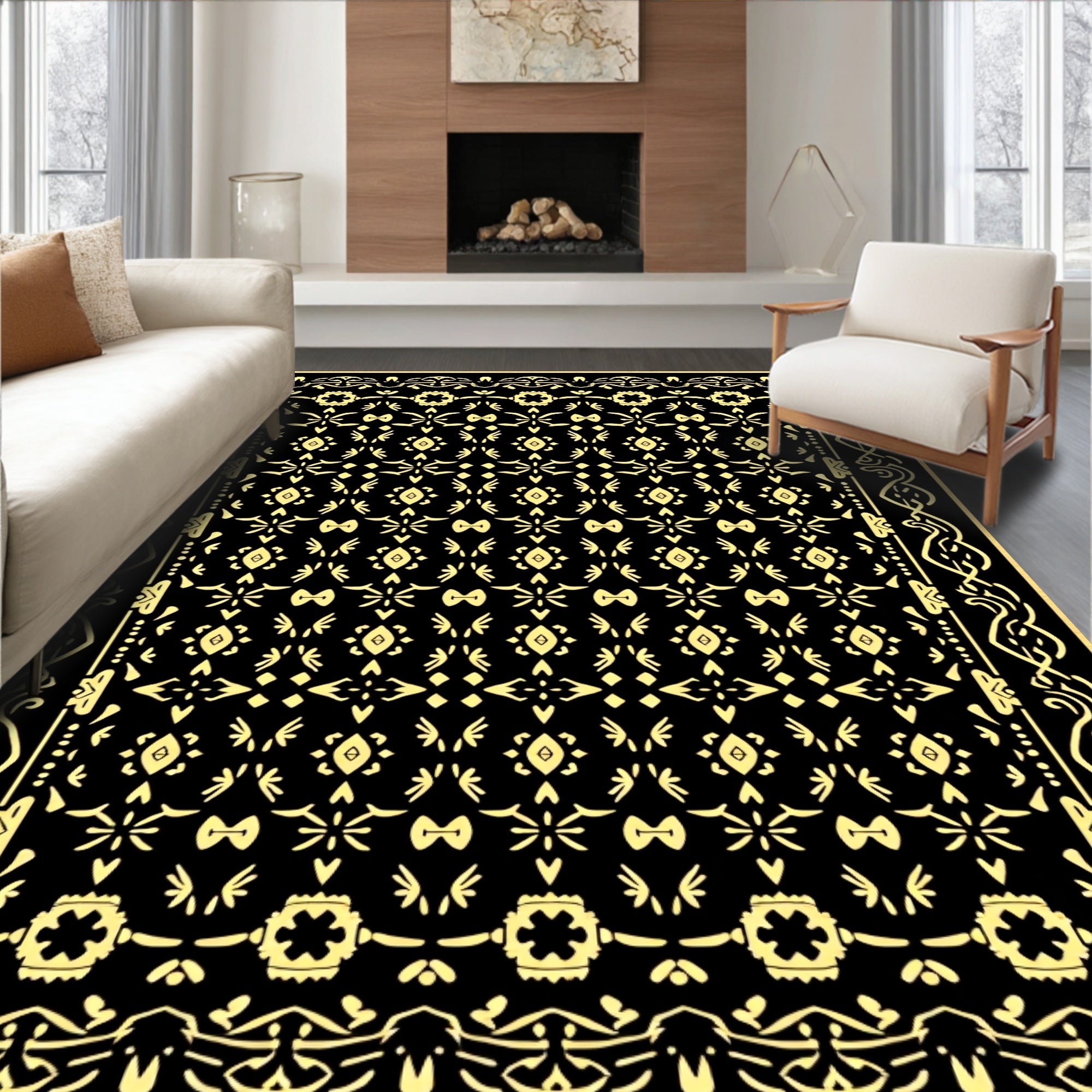 Black and Gold Decorative Geometric Border Rug