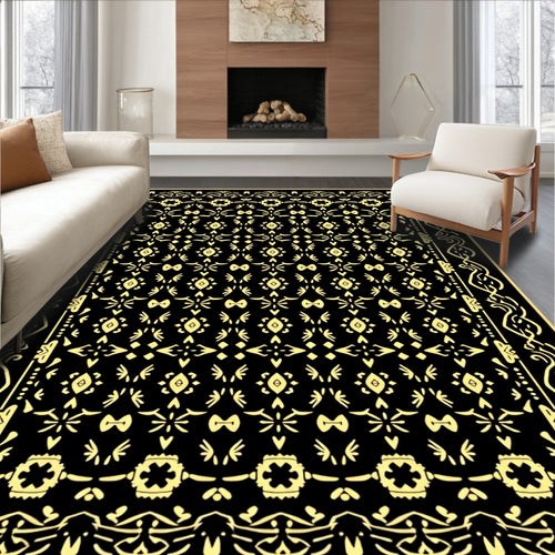 Black and Gold Decorative Geometric Border Rug