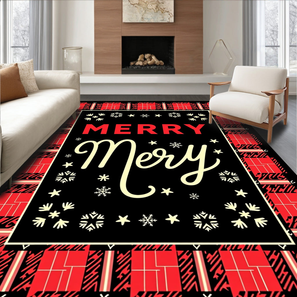Red Black Plaid Snowflake Border Rug