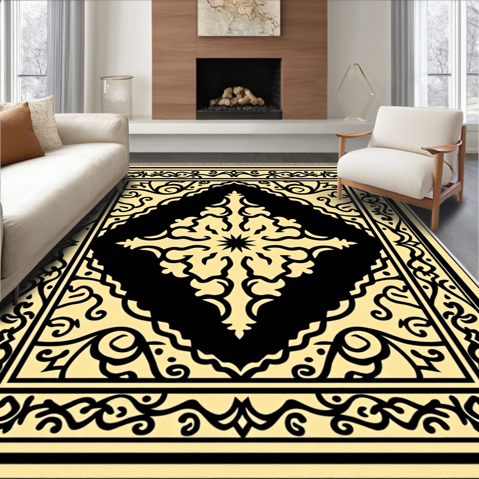 Cream Black Medallion Arabesque Rug