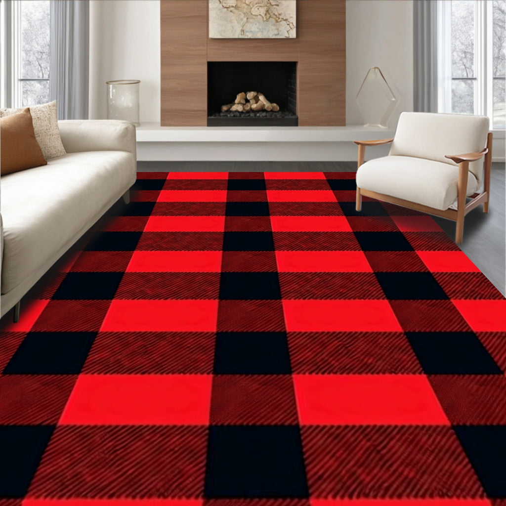 Bold Red Black Checked Square Rug