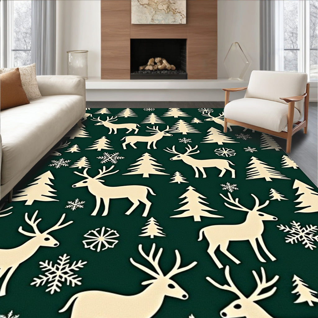 Cream Reindeer Forest Snowflakes Rug