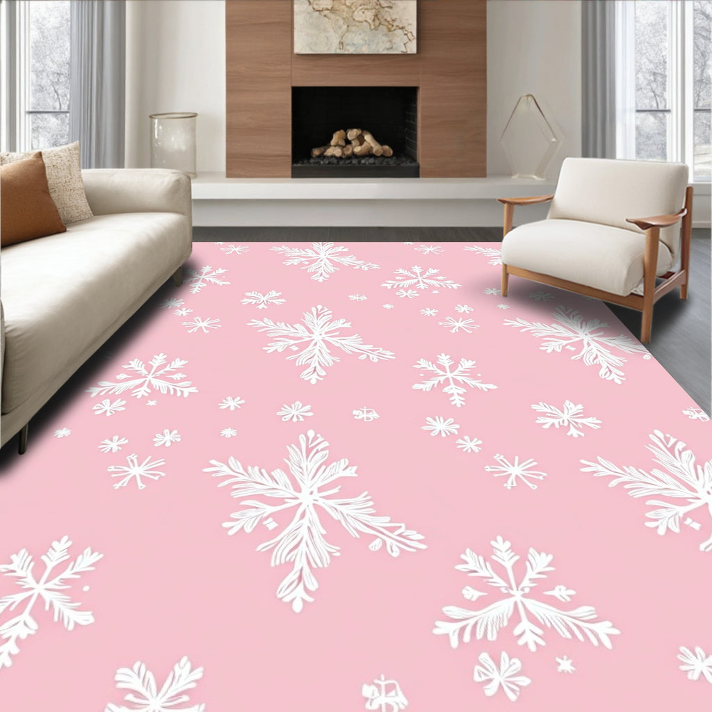 Whimsical White Snowflake Pastel Pink Rug