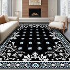 Classic Black Blue Floral Border Rug