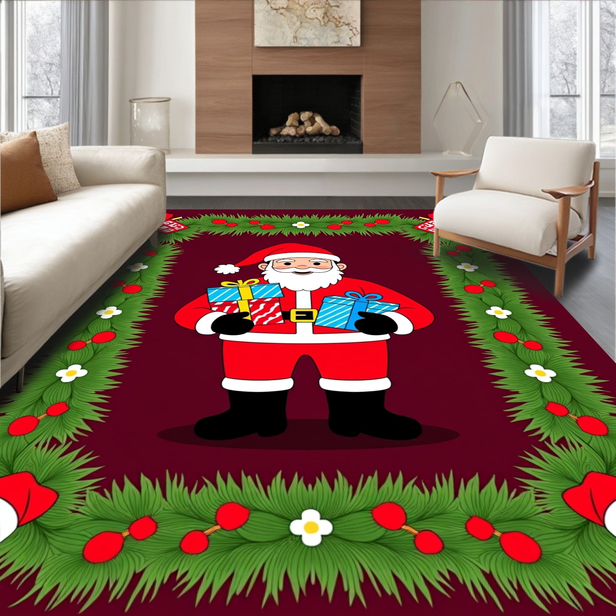 Festive Santa Claus Christmas Garlands Rug