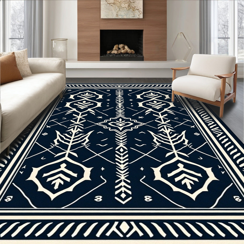 Navy Blue Cream Symmetry Medallions Rug