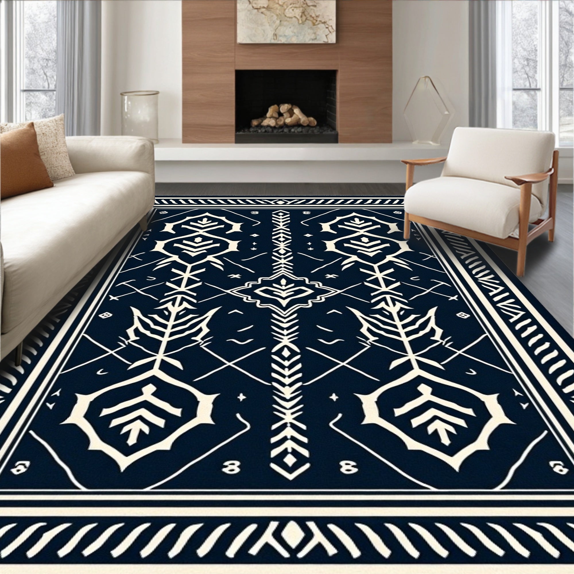 Navy Blue Cream Symmetry Medallions Rug