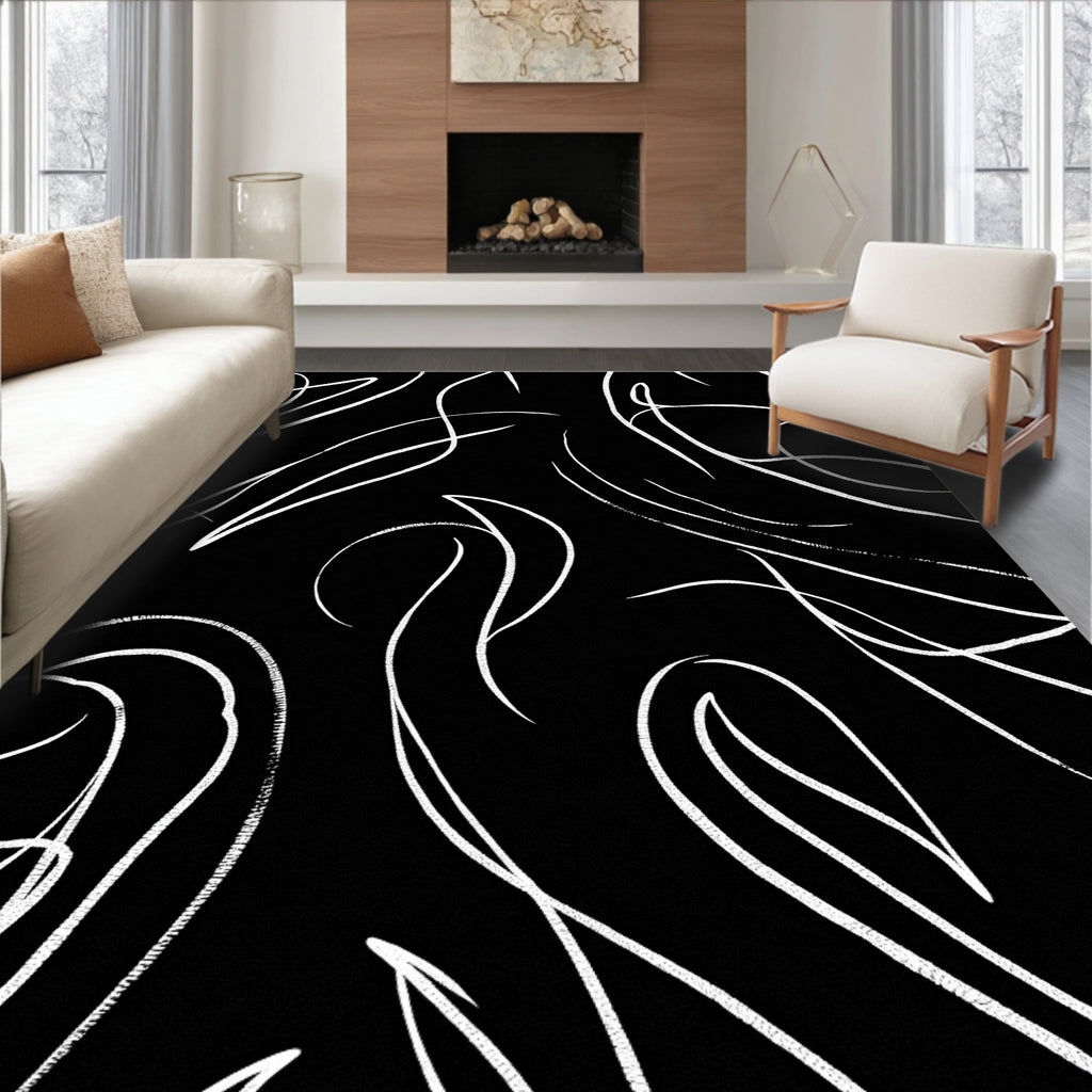 Whimsical White Brushstroke Flowing Lines Rug