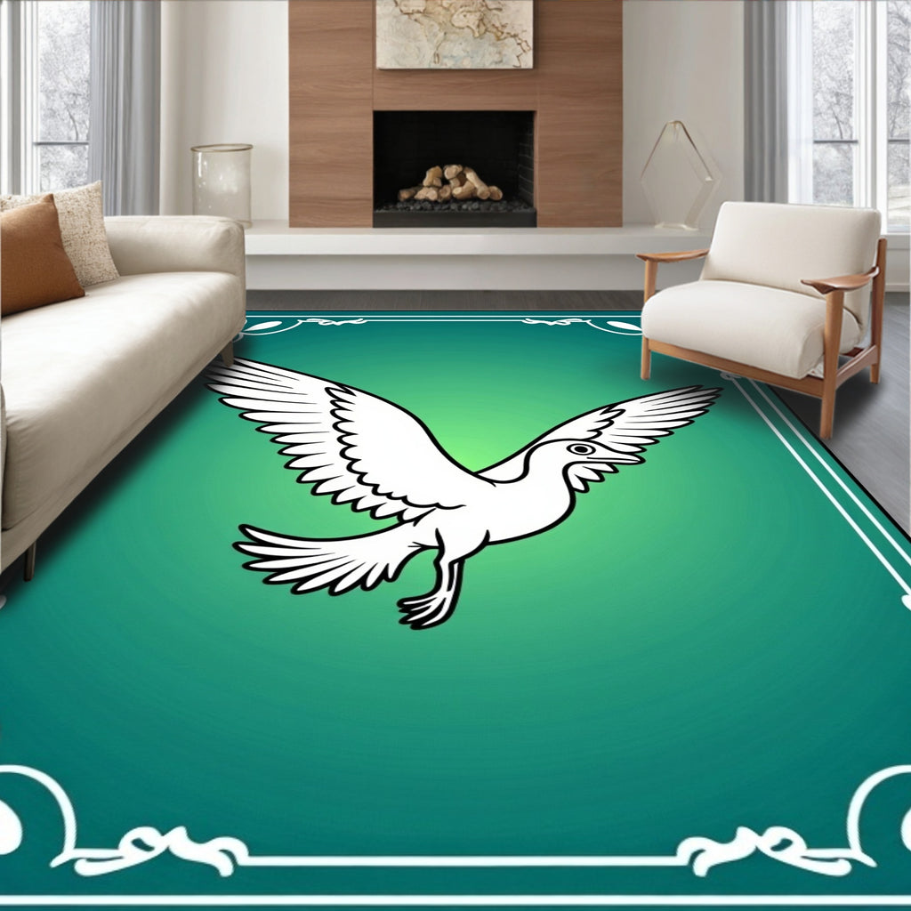 Elegant White Flying Bird Teal Border Rug