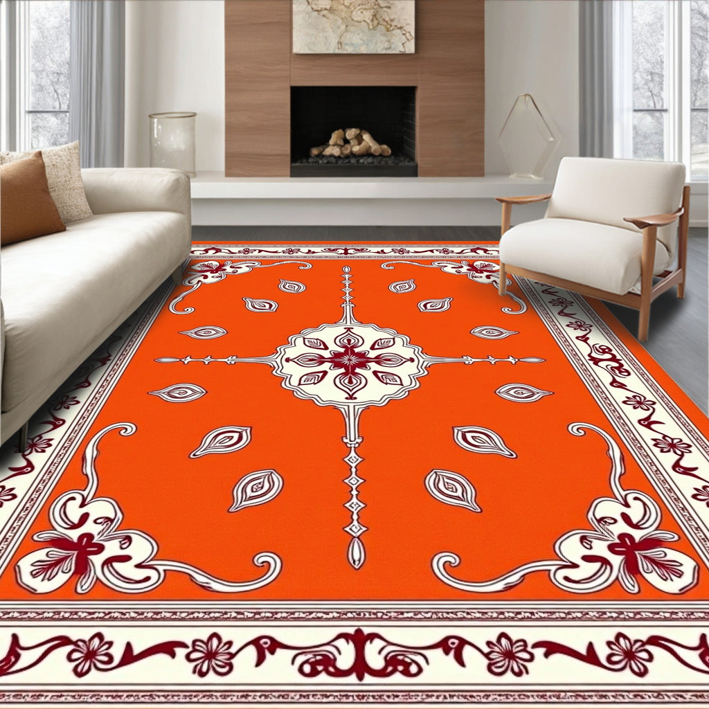 Fiery Orange Floral Medallion Border Rug