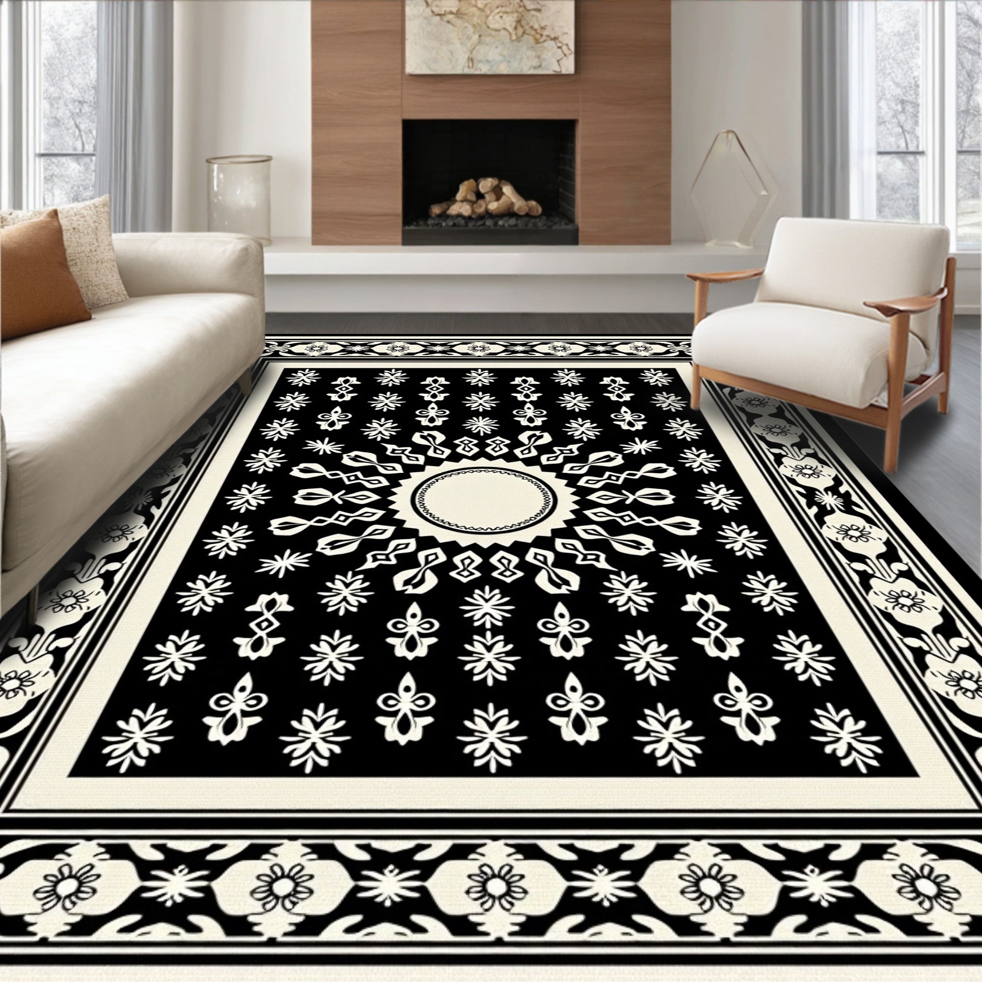 Black and Cream Sunburst Medallion Rug