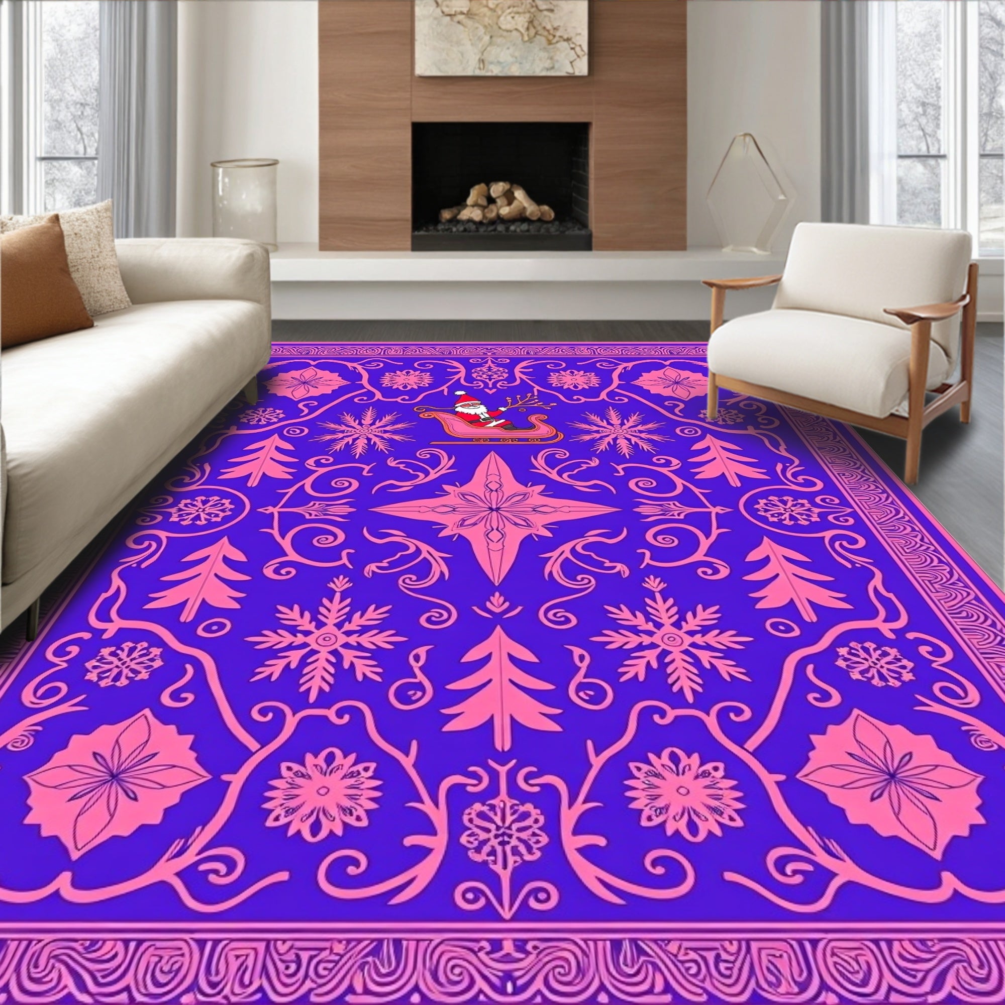 Vivid Purple Pink Santa Sleigh Snowflakes Rug