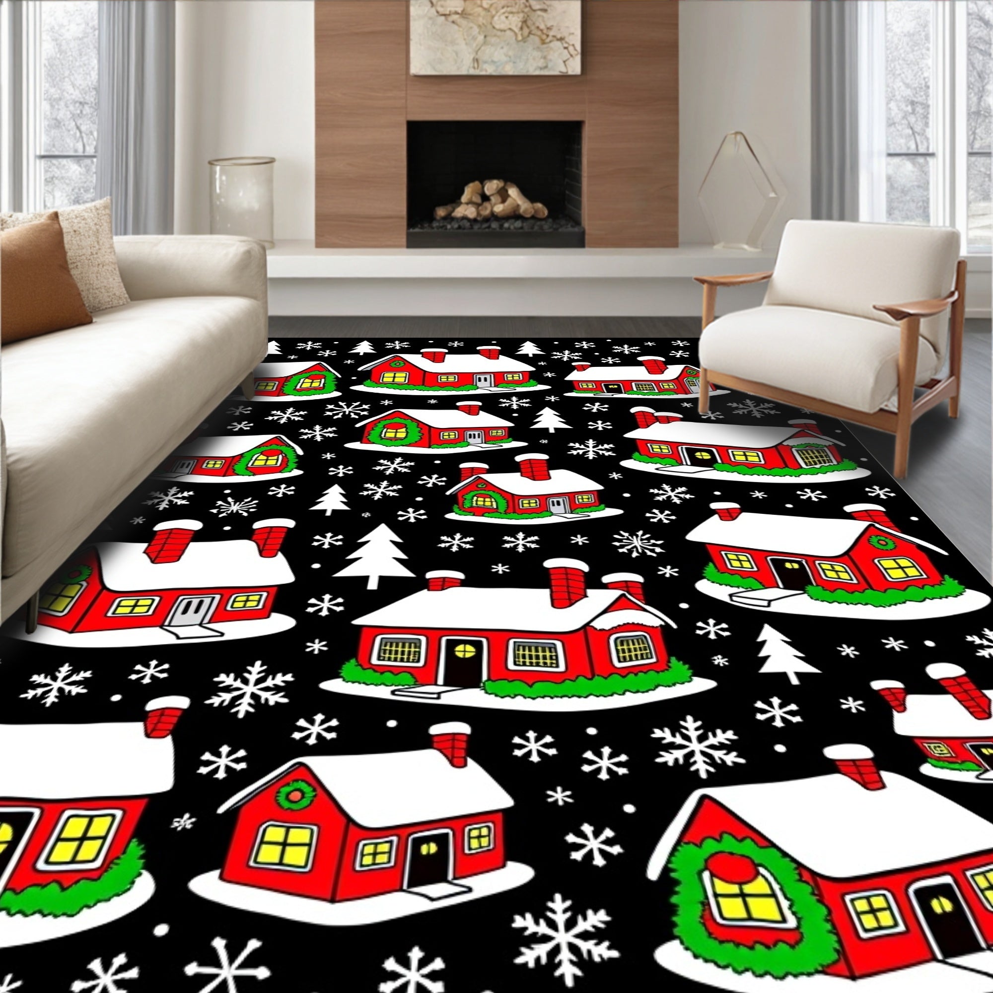 Festive Red Houses Snowflake Christmas Rug
