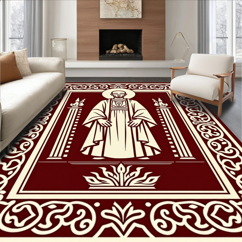 Crimson Sacred Figure Ornate Border Rug