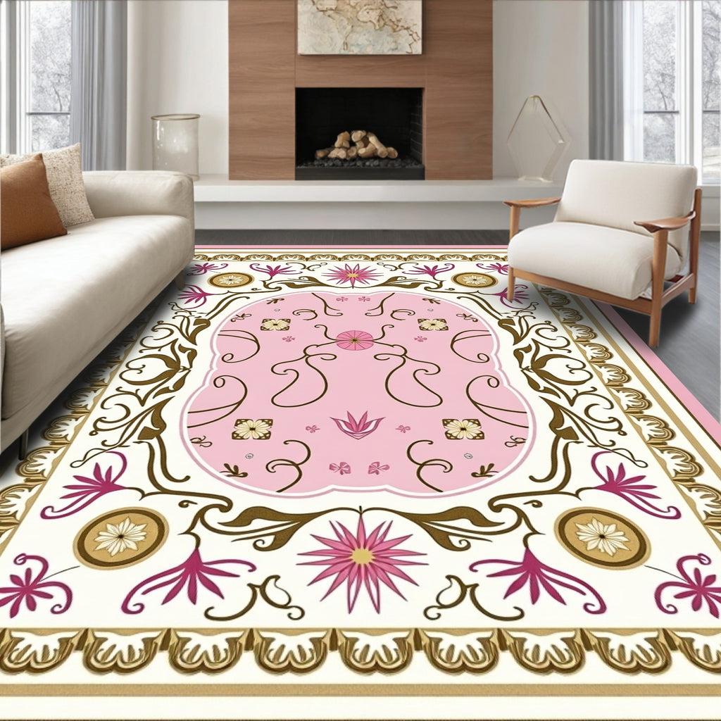 Romantic Pink Floral Garden Scroll Rug