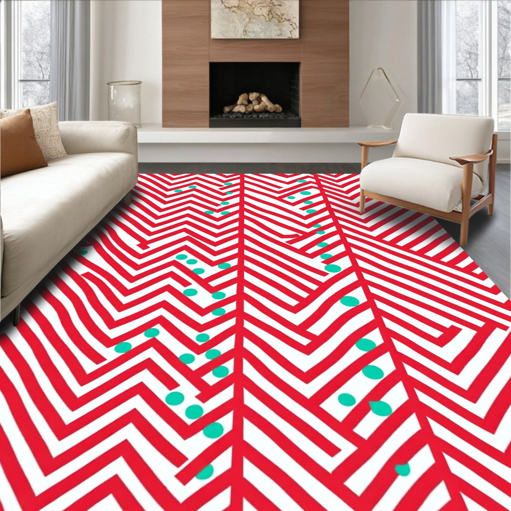 Modern Red Teal Zigzag Dot Rug