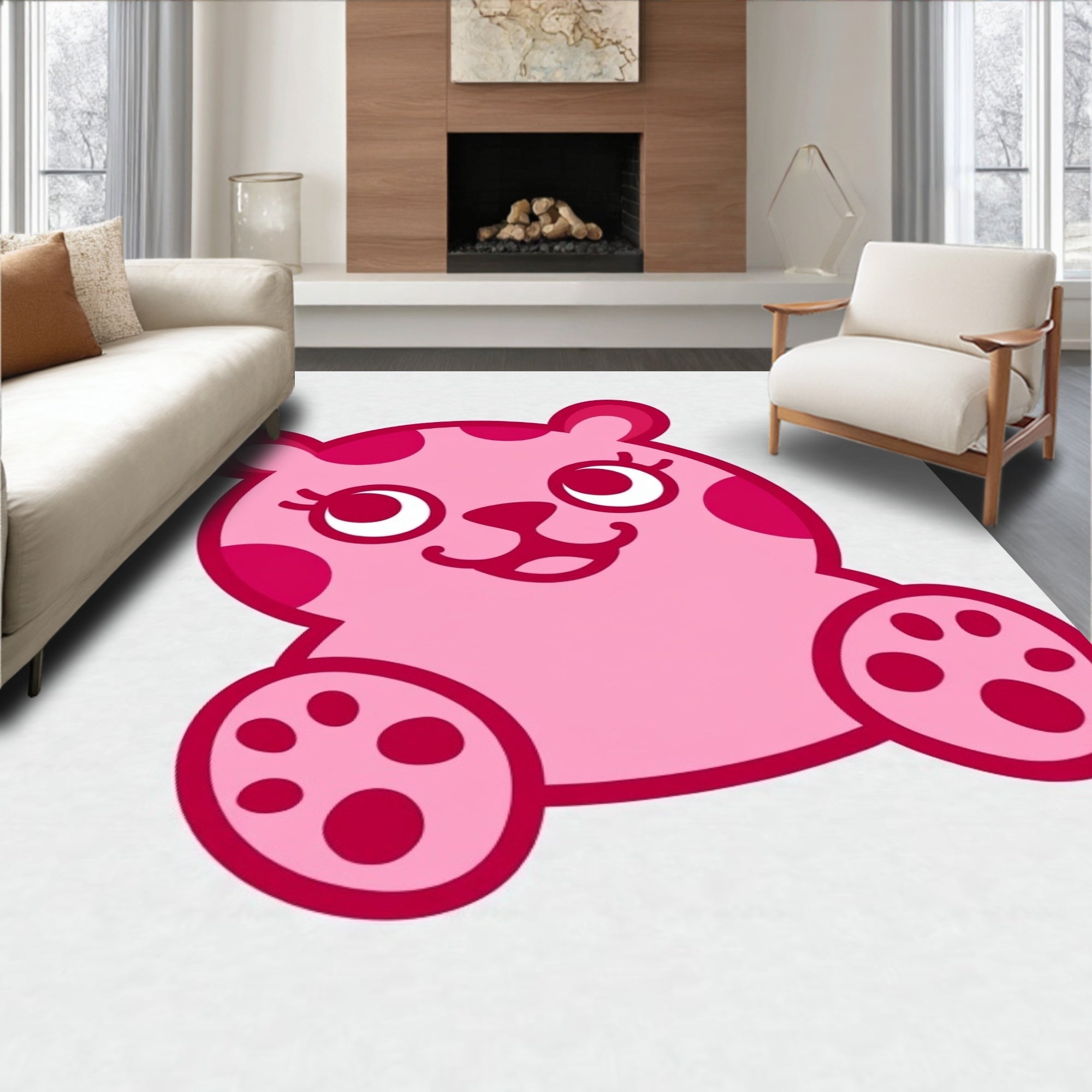 Pink Polka Dot Bear Illustration Rug