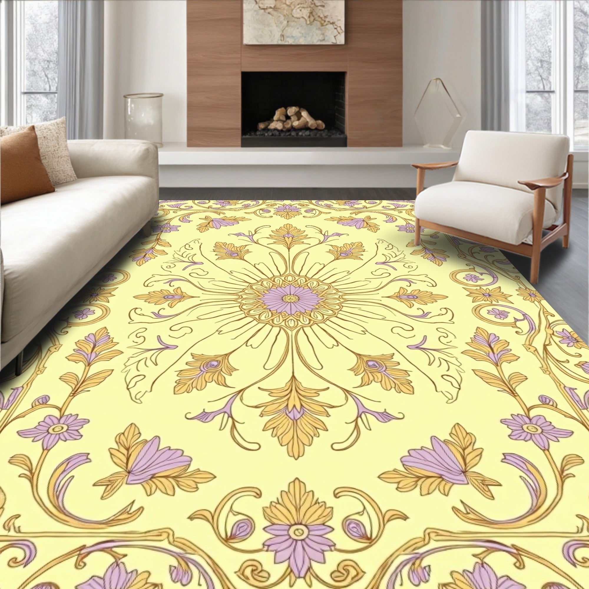 Pale Yellow Orchid Scrollwork Medallion Rug