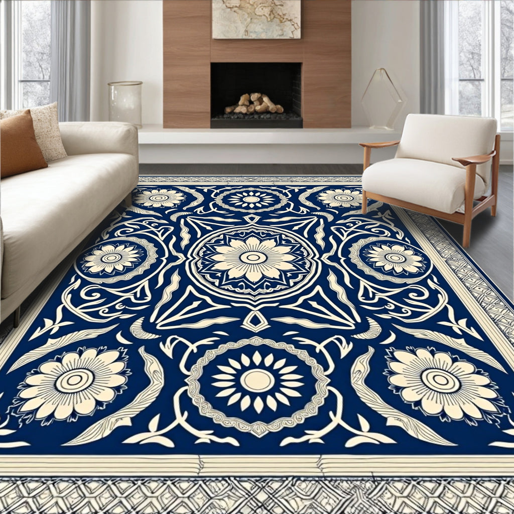 Navy Cream Ornate Botanical Frame Rug