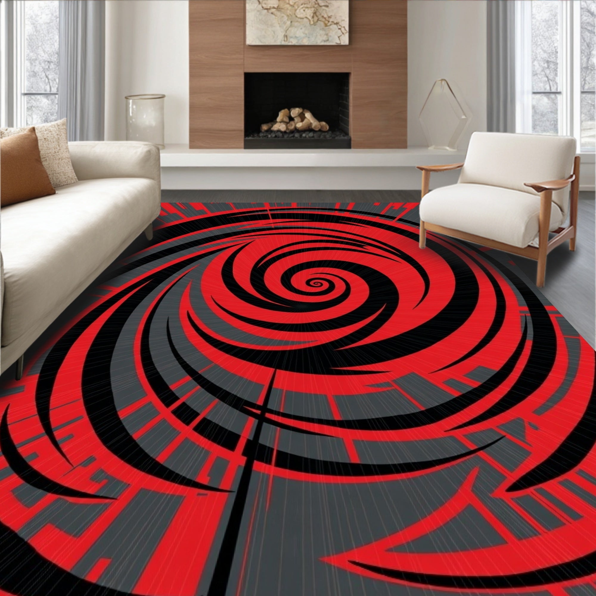 Bold Red Swirling Cyclone Graphic Rug