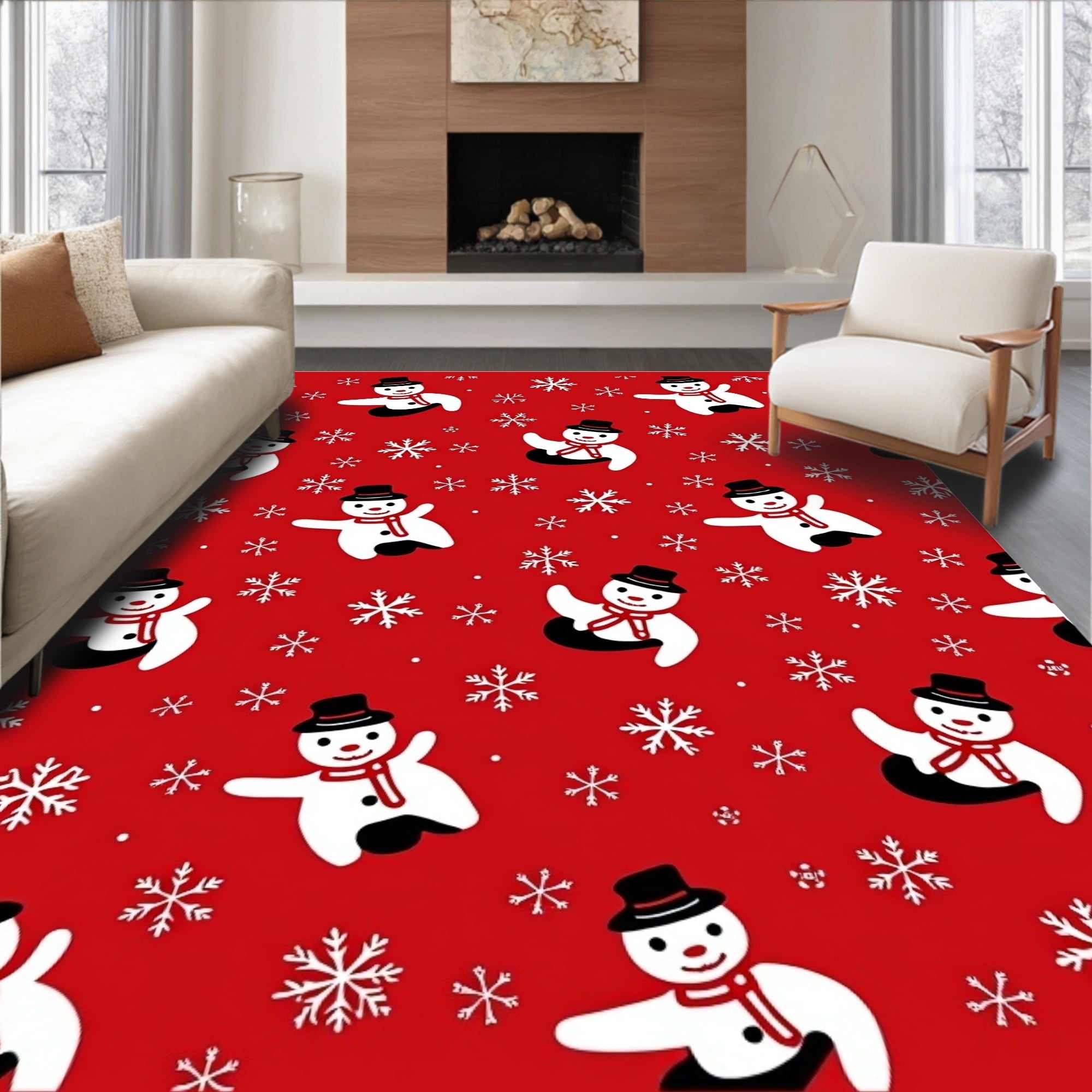 Whimsical Snowman Red Snowflake Field Rug