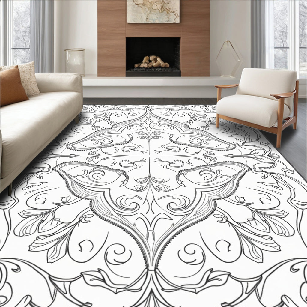 Ornate Black Scrollwork Floral Medallion Rug