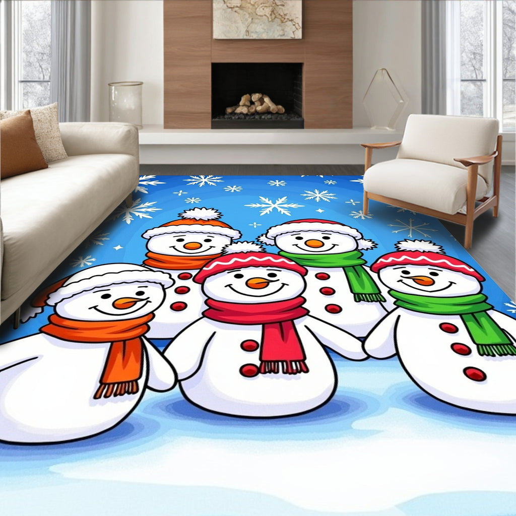 Joyful Snowman Family Winter Snowflakes Rug