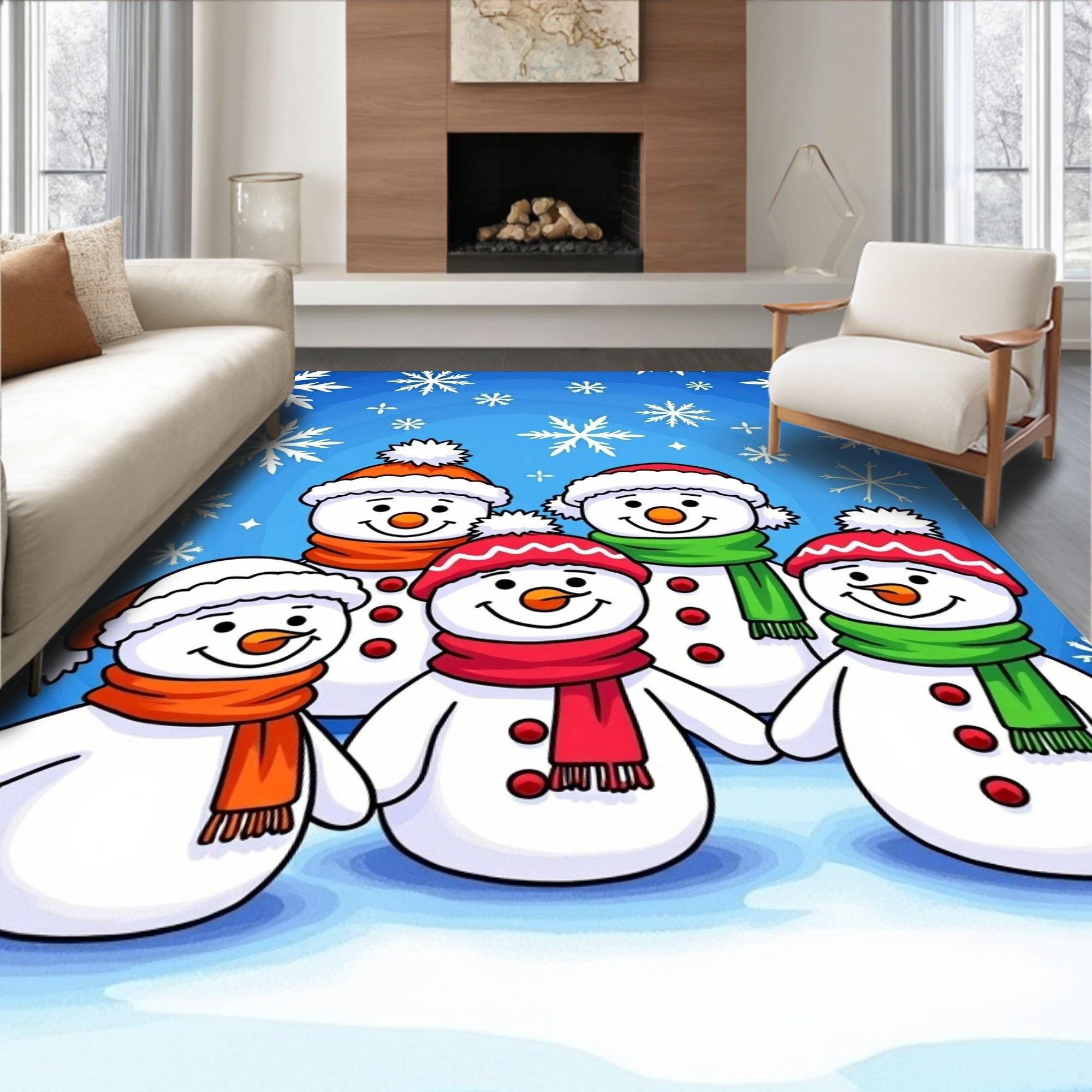 Joyful Snowman Family Winter Snowflakes Rug