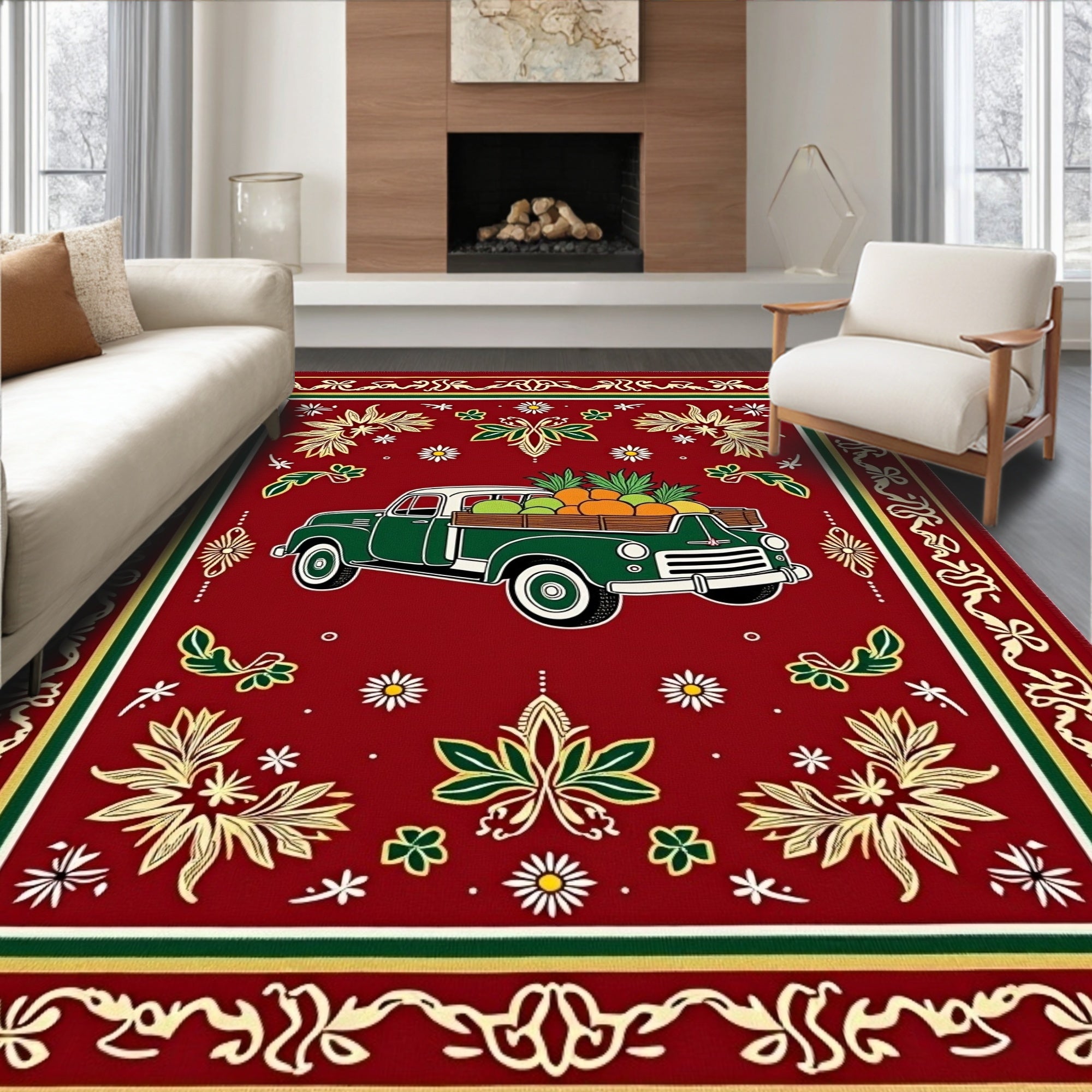 Vintage Green Truck Fruit Harvest Rug