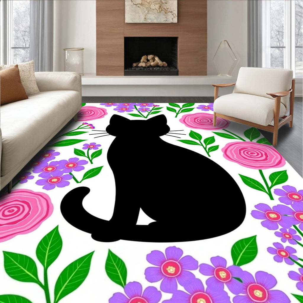 Black Cat Pink Floral Garden Rug