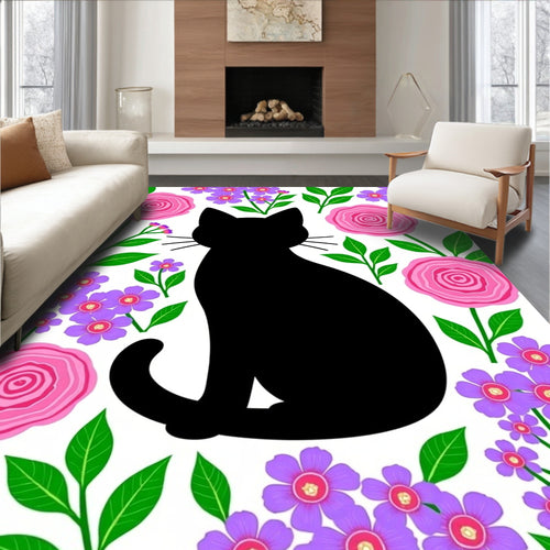 Black Cat Pink Floral Garden Rug