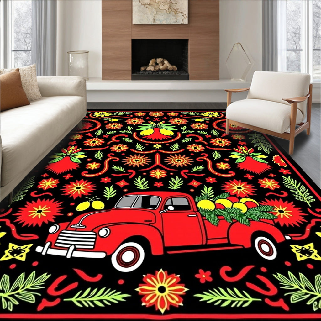 Red Truck Floral Garland Rug
