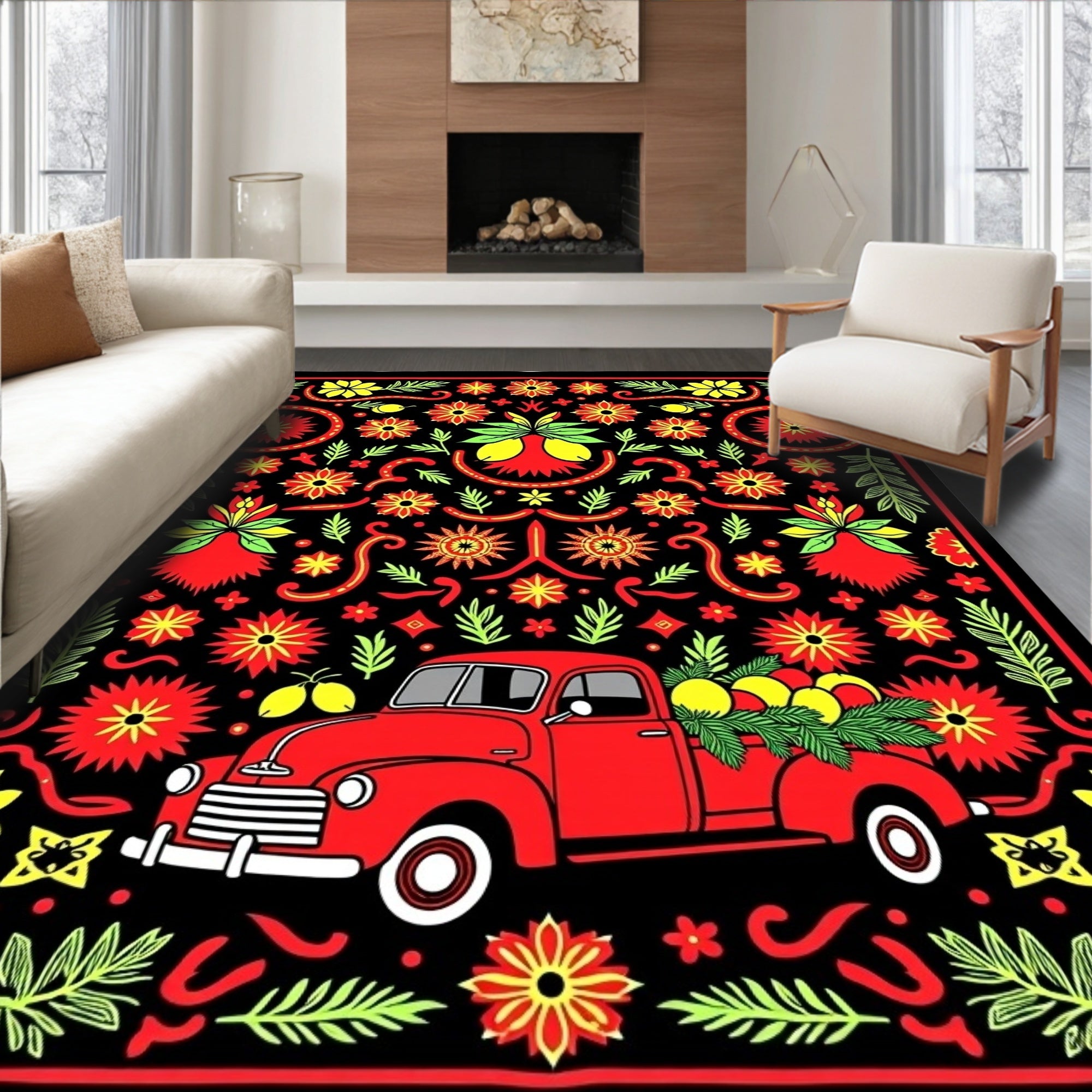 Red Truck Floral Garland Rug