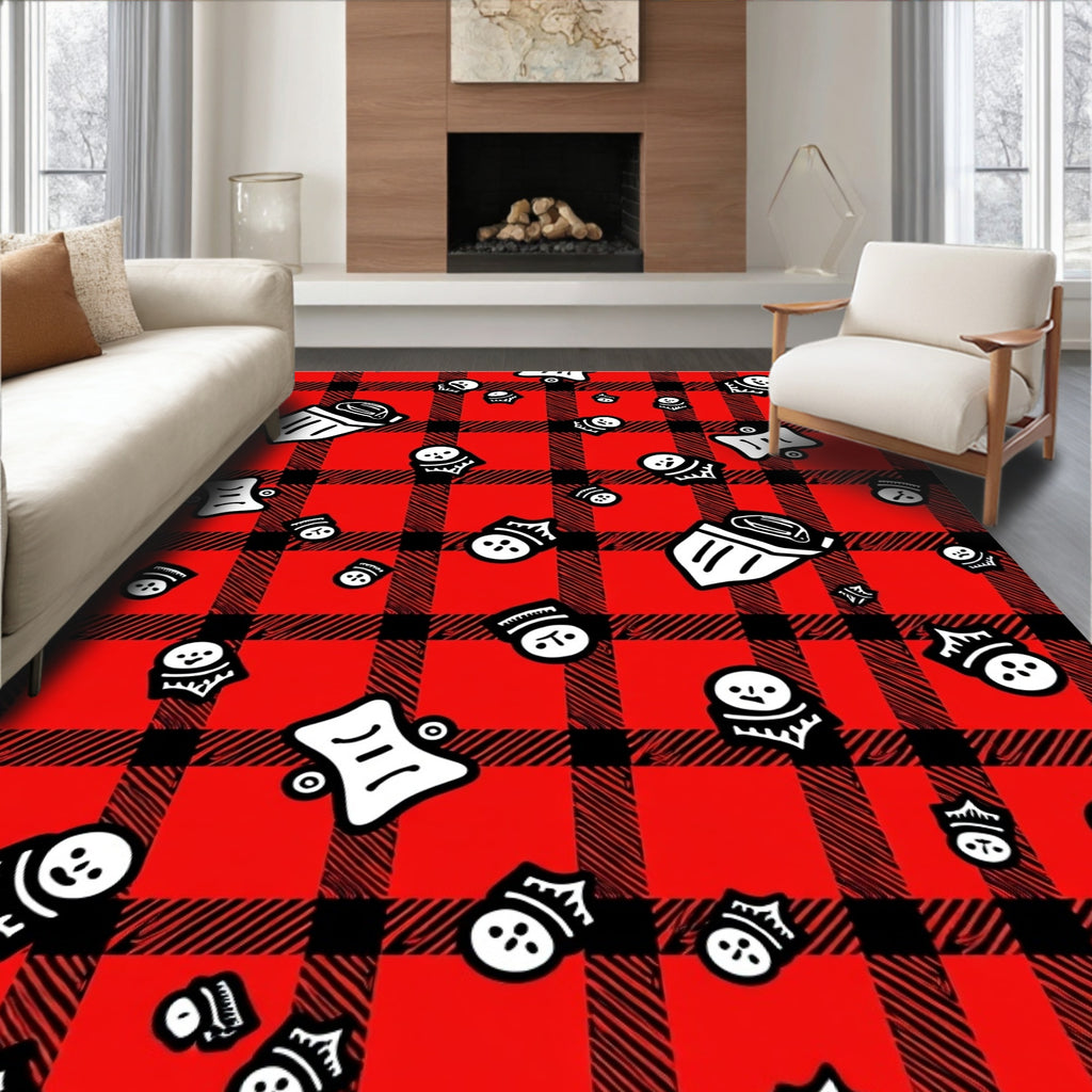Red Black Plaid Grinning Figures Rug