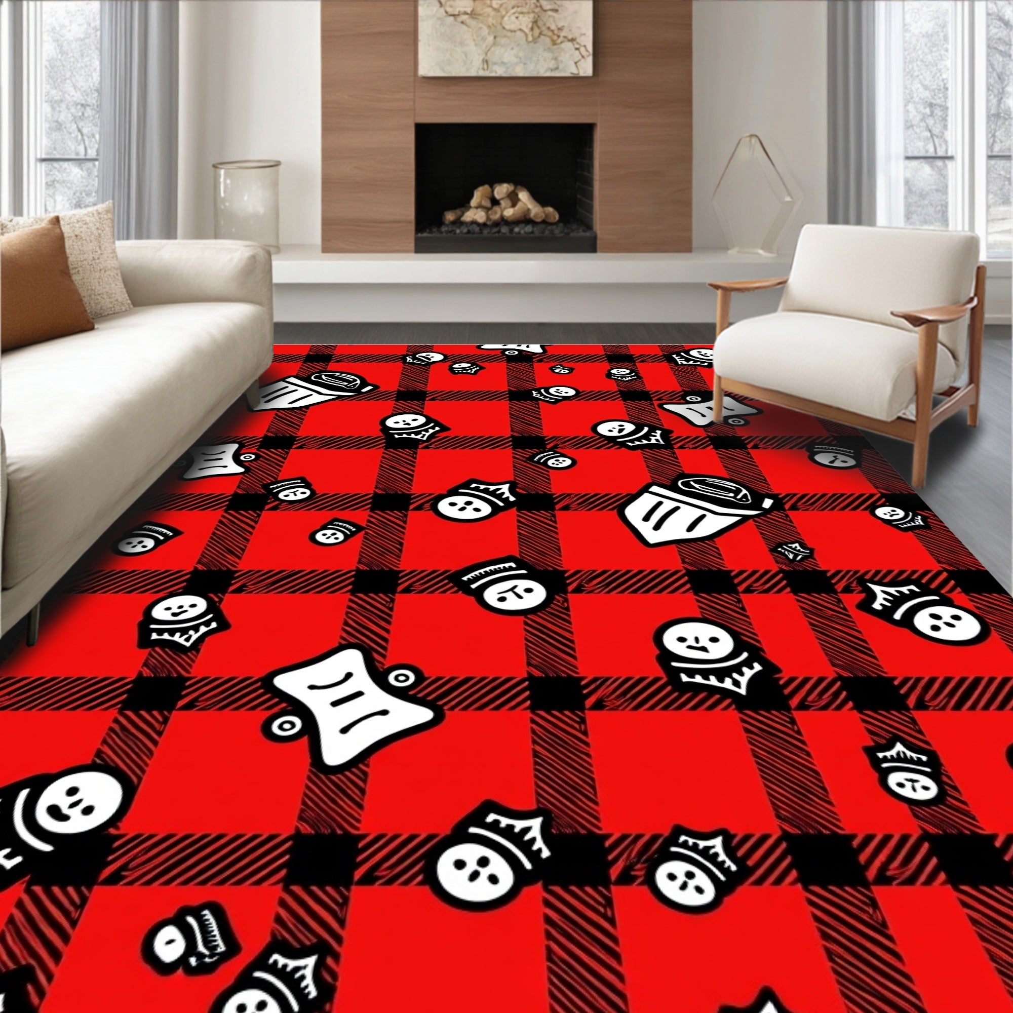 Red Black Plaid Grinning Figures Rug