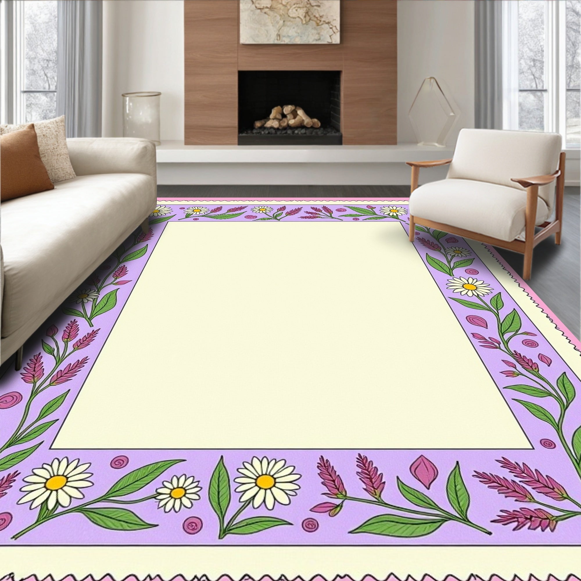 Lavender Floral Daisy Border Rug