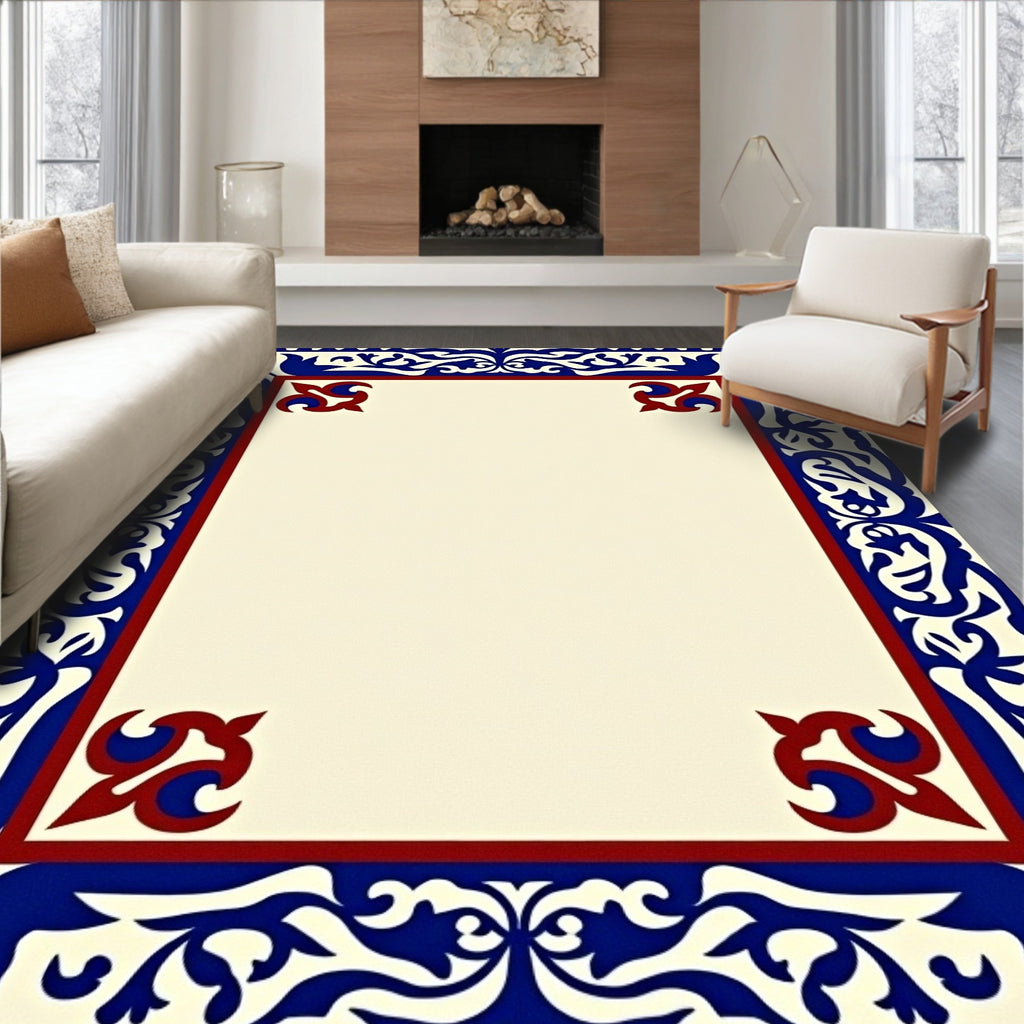 Classic Red Blue Floral Border Rug