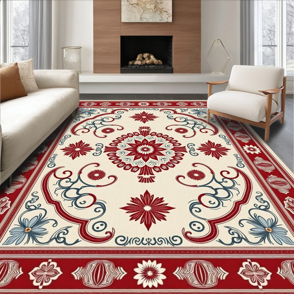 Crimson Cream Floral Medallion Border Rug