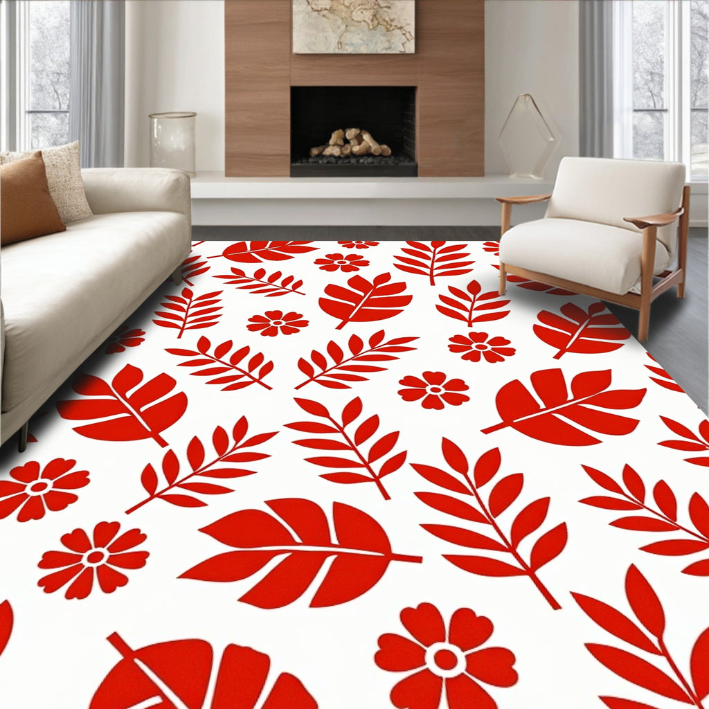 Red Leaf and Flower Scatter Rug