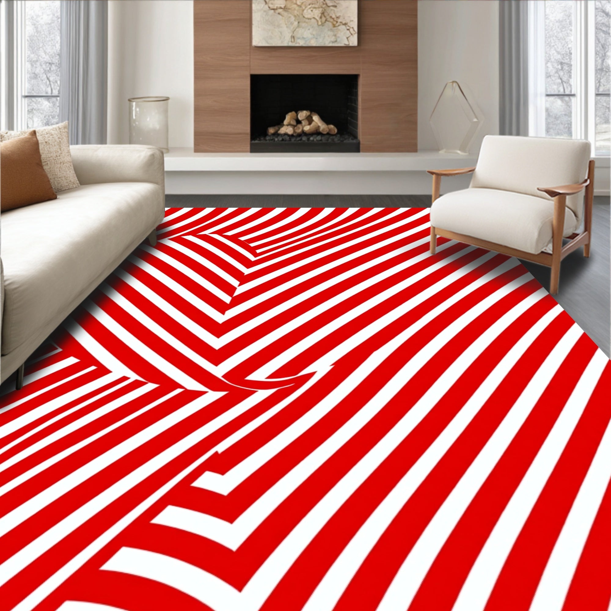Crimson White Optical Illusion Stripes Rug