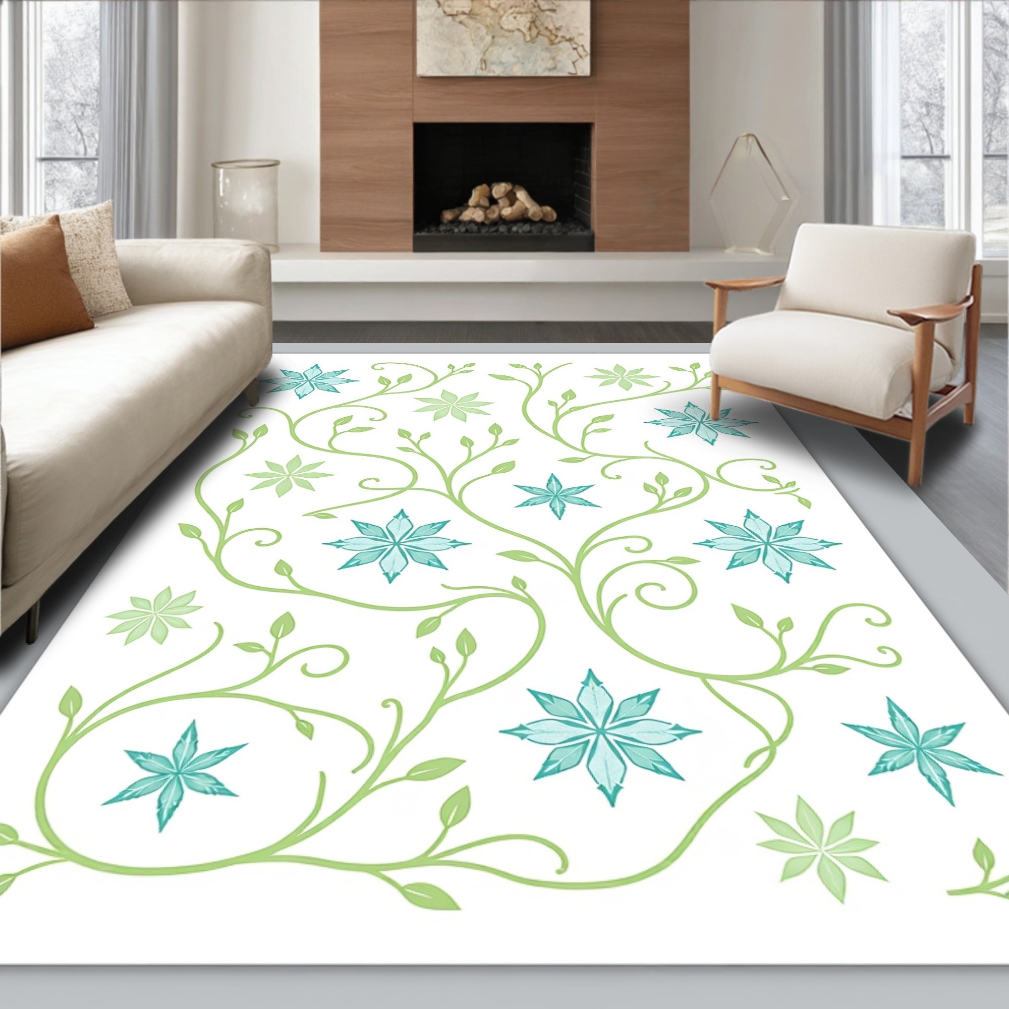 Serene Teal Green Floral Vine Rug