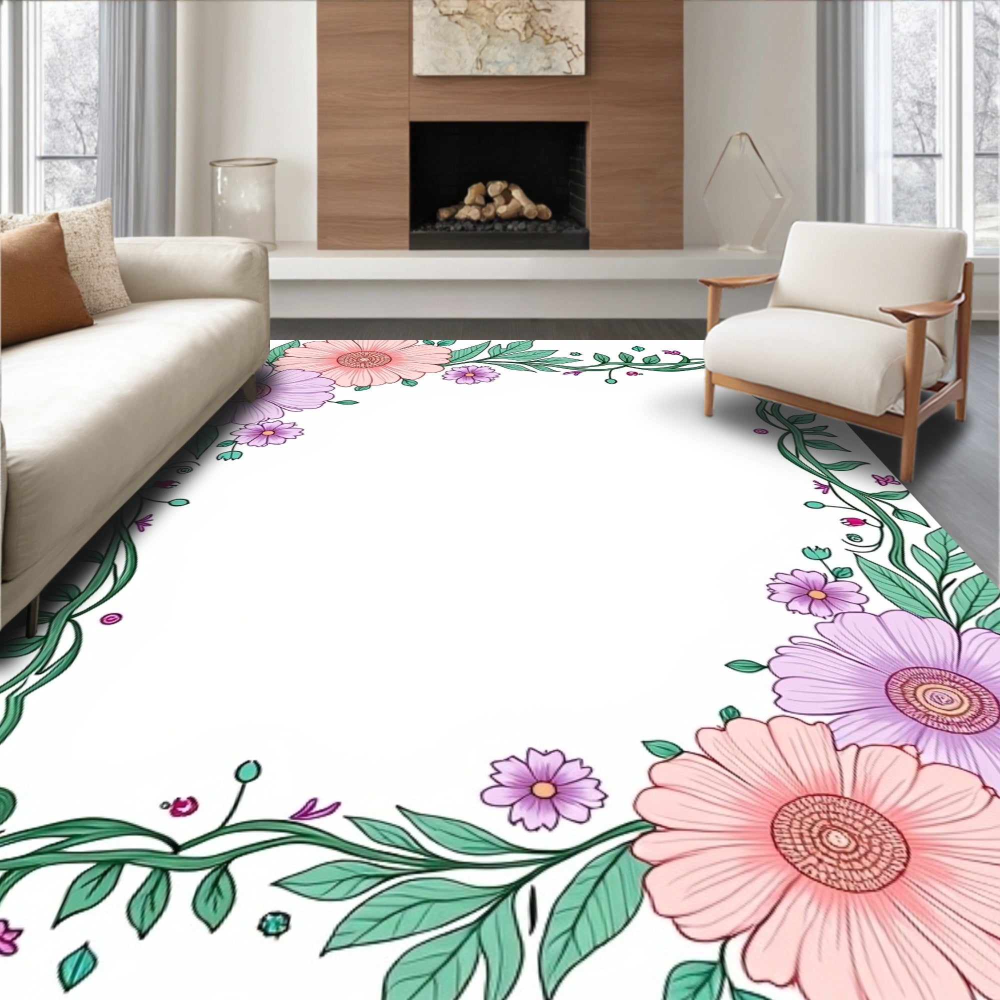 Whimsical Pastel Floral Vine Border Rug