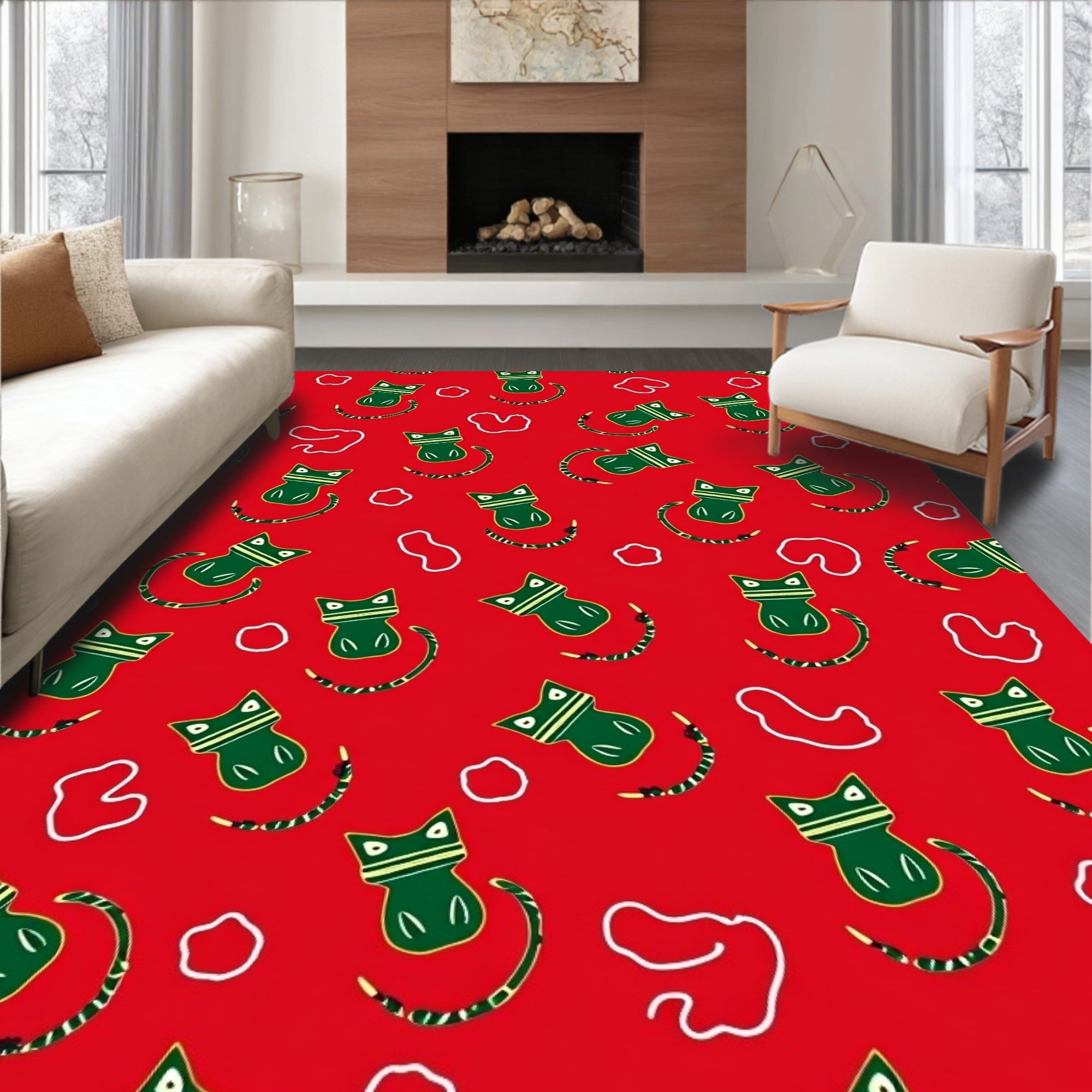 Crimson Green Whimsical Cat Snake Rug